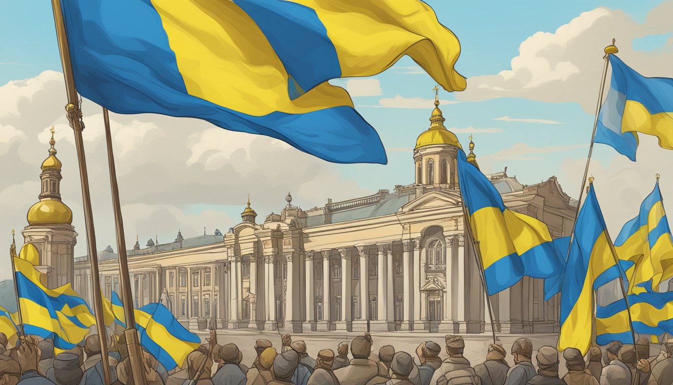 Brooks supports Ukraine: Ukrainian flag waving in front of historical landmarks