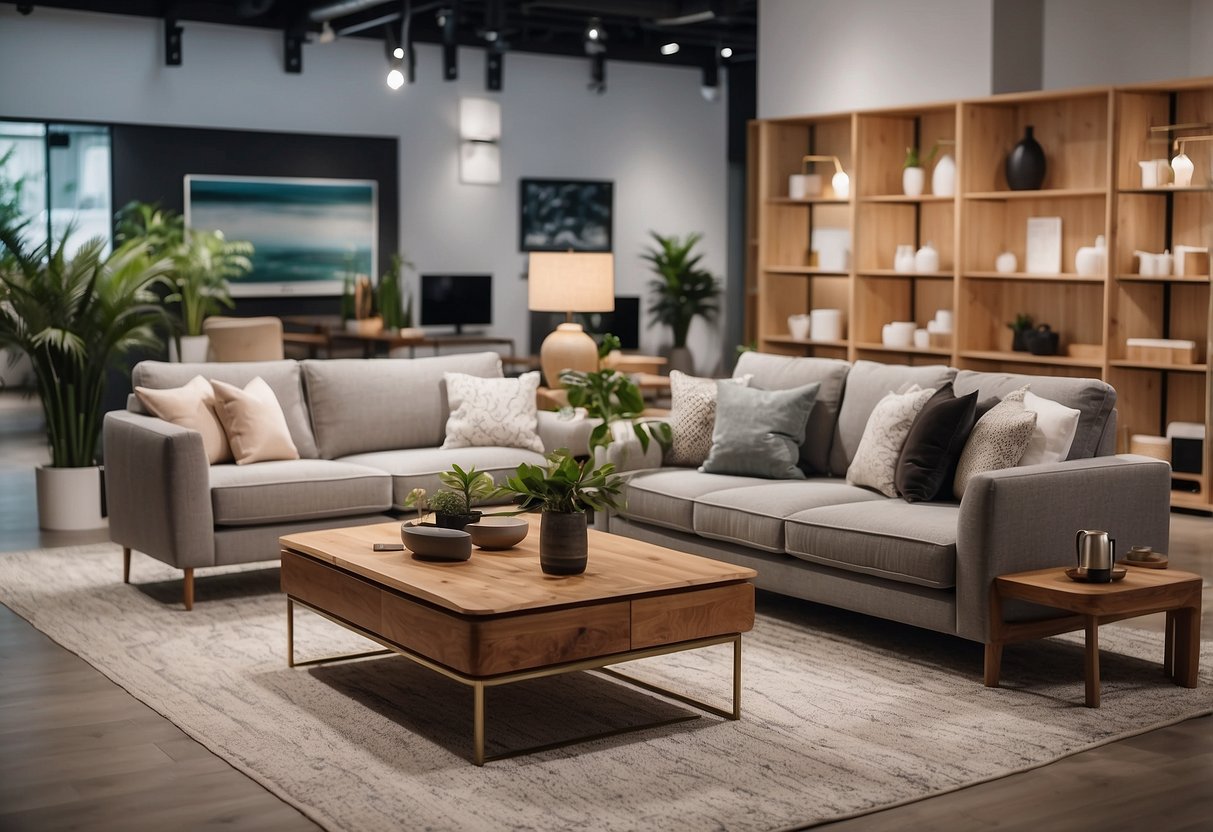 A spacious and modern furniture showroom with a wide variety of products neatly displayed in different sections. Bright lighting and clean, minimalist decor give the space an inviting and professional atmosphere