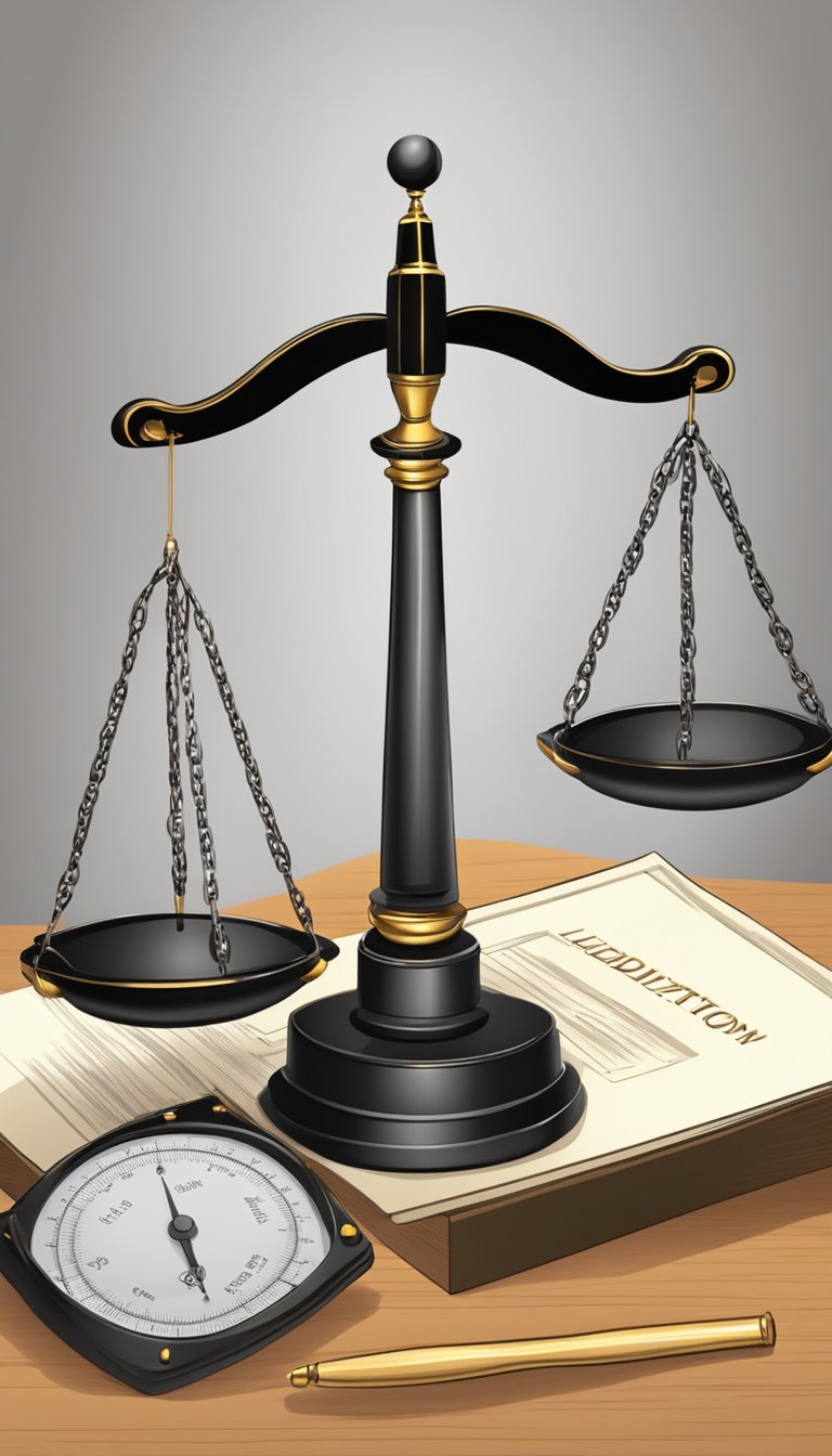 A scale with "Mediation" on one side and "Litigation" on the other, tipping towards "Mediation." A gavel and courtroom in the background