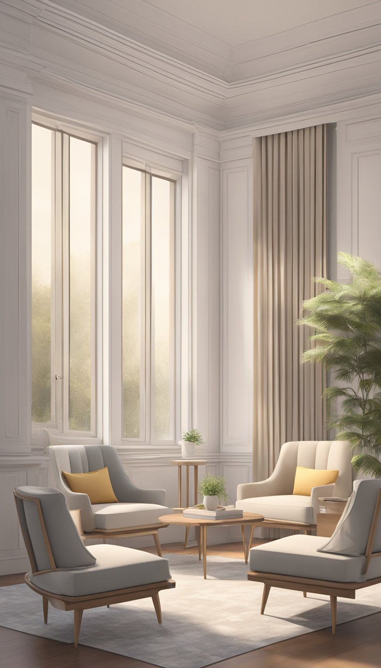 A peaceful mediation room with two chairs facing each other, a neutral color palette, and a sense of calm and resolution in the air