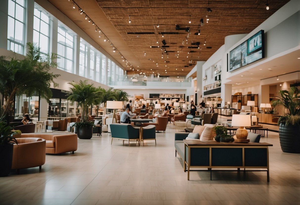 A bustling furniture mall with modern displays and friendly staff. Customers browse through a wide selection of high-quality furniture and home decor