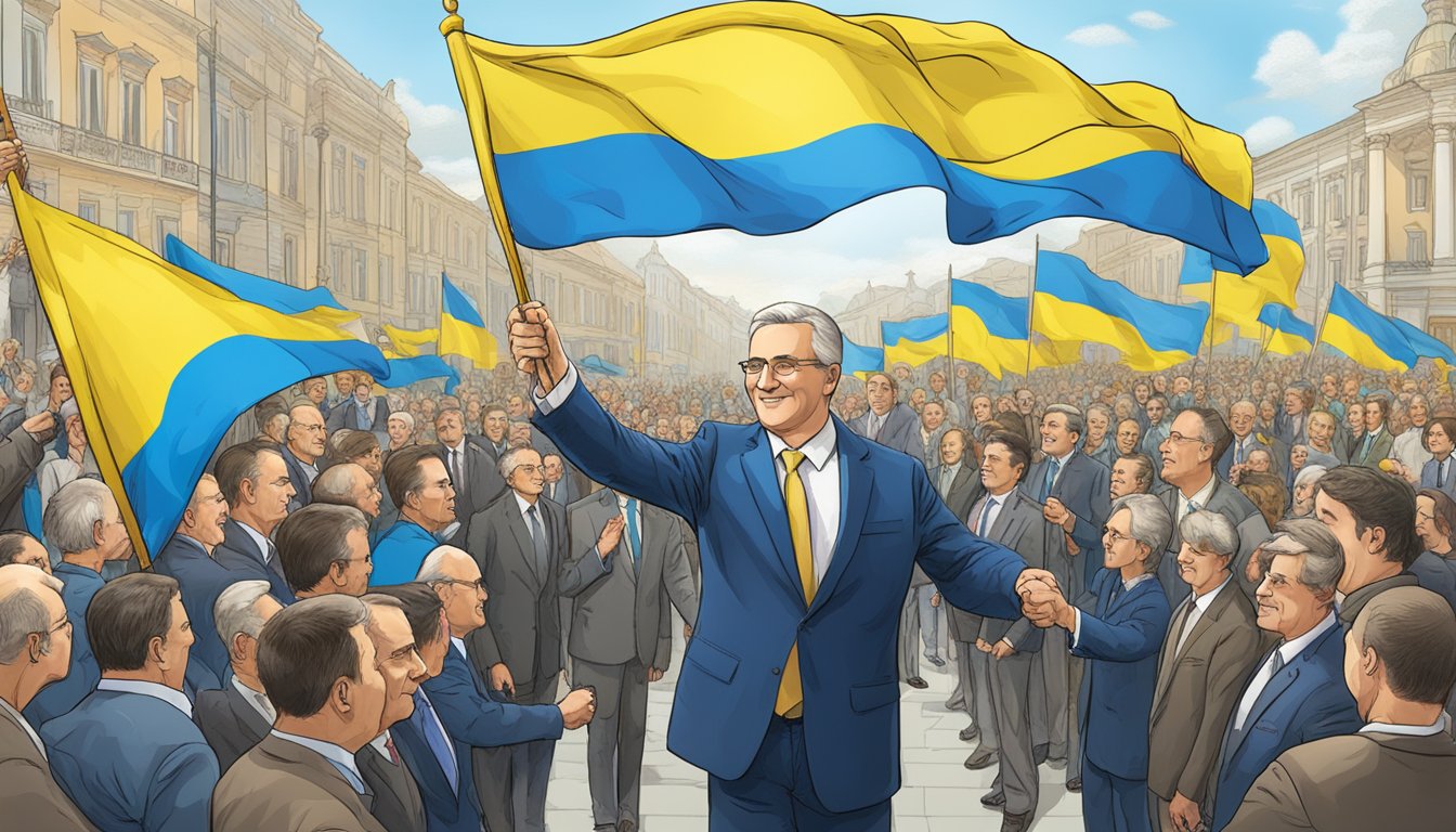 Brooks supports Ukraine, flags waving, leaders shaking hands