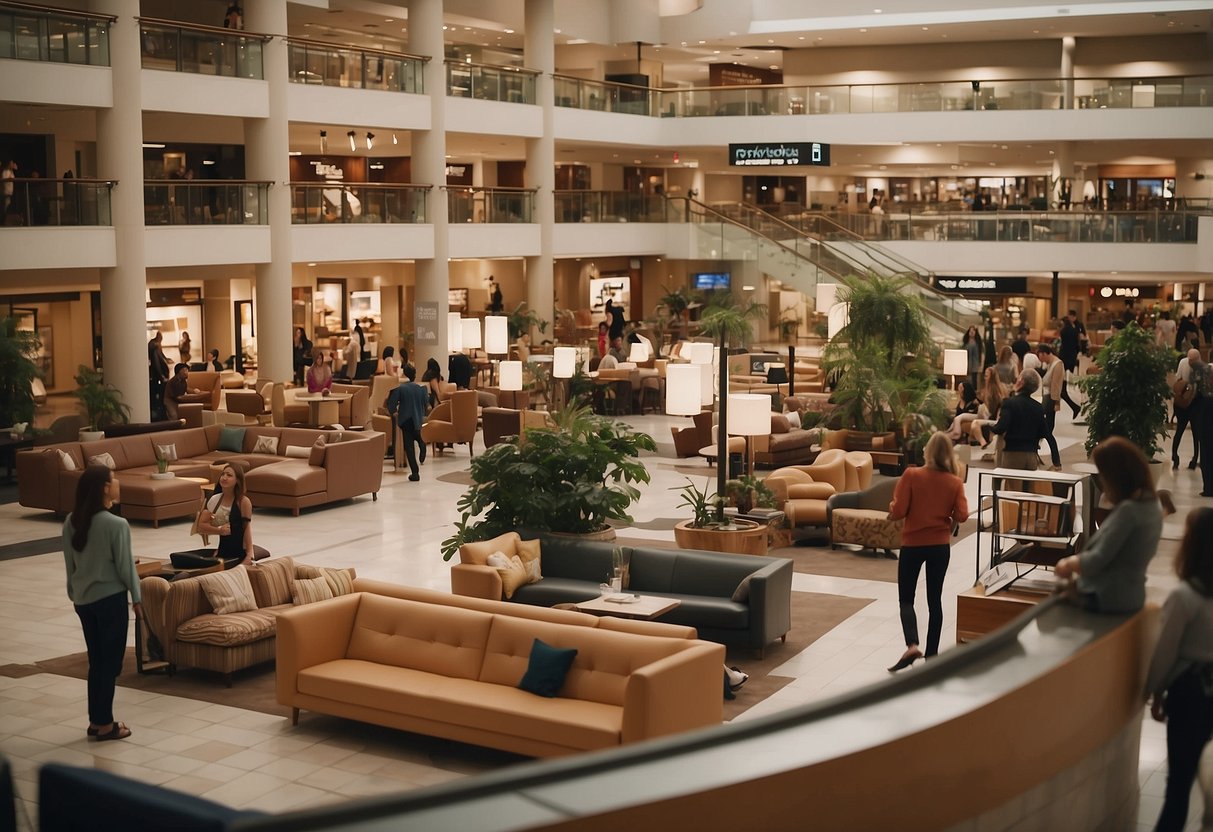 A bustling furniture mall with customers browsing, staff assisting, and signs directing to FAQs section