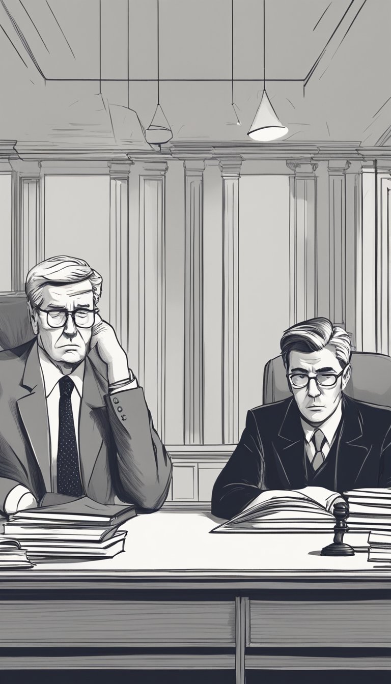 Two individuals sit at a table, one with a stern expression and the other with a frustrated look. Documents are scattered, and a gavel rests on the table, symbolizing the potential pitfalls of litigation