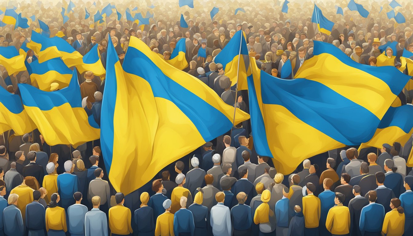 A crowd gathers around a flag of Ukraine, showing support and solidarity. Symbols of cultural and social impact are displayed prominently