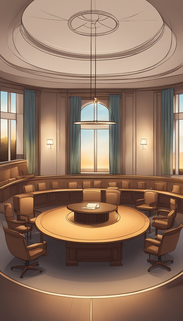 A peaceful mediation room with warm lighting and comfortable seating, contrasting with a stark courtroom. A mediator and disputants engage in open dialogue