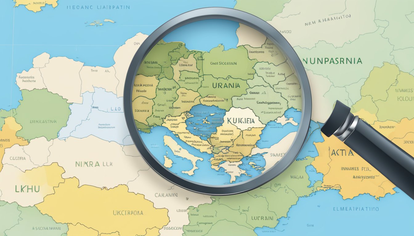 A map of Ukraine with a magnifying glass hovering over it, indicating a closer examination of the country's leadership support