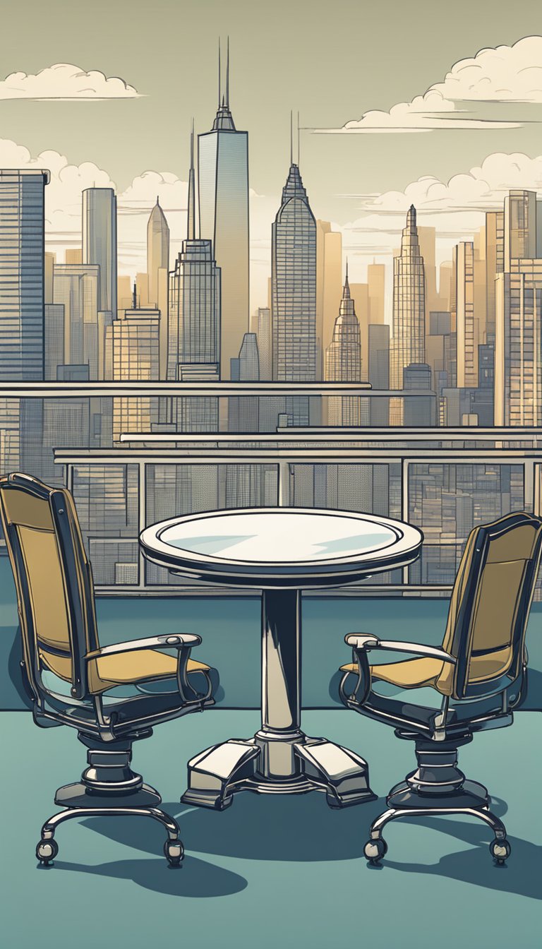 A table with two chairs facing each other, a mediator's badge, and a scale symbolizing balance. A city skyline in the background