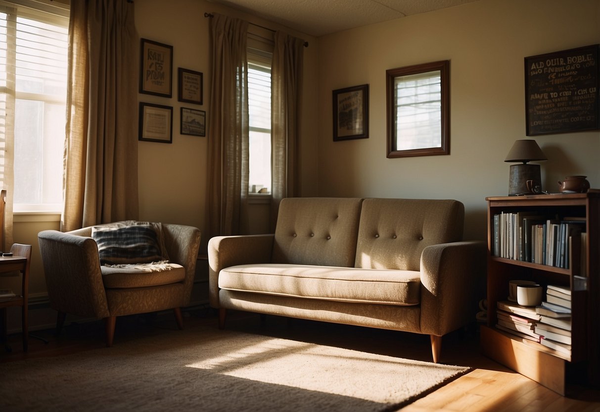 A small room with mismatched furniture: a worn couch, a chipped coffee table, and a salvaged bookshelf. Sunlight filters through thrift store curtains