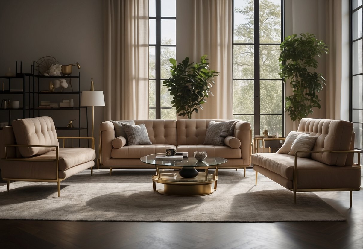 A cozy living room with a sleek Rossini furniture set, featuring a modern sofa, coffee table, and minimalist decor