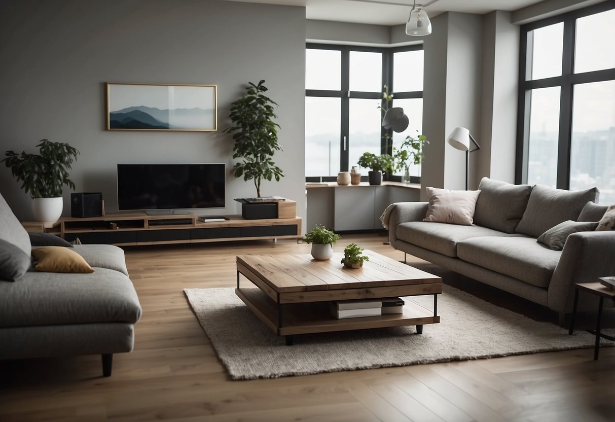 A room with plain, functional furniture arranged neatly