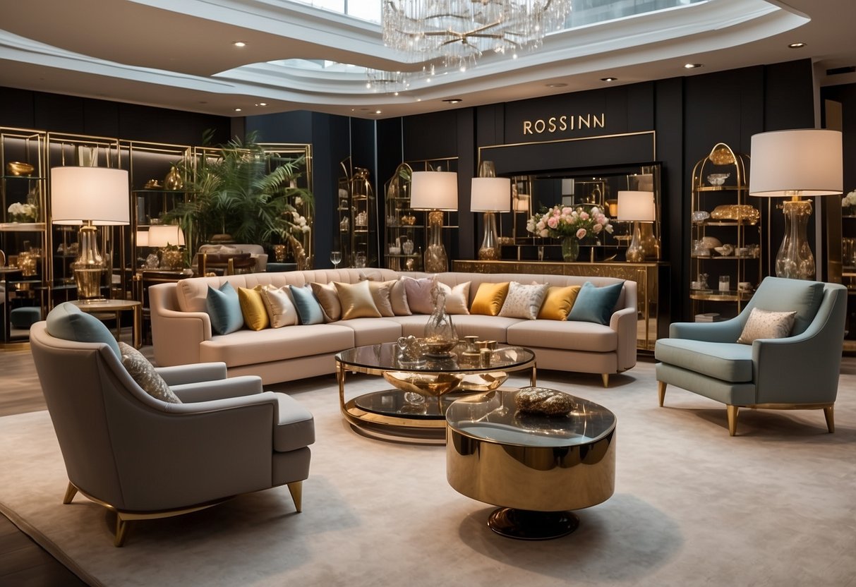 A showroom filled with modern and elegant furniture pieces, arranged in stylish displays. Bright lighting highlights the intricate details and luxurious materials used in the Rossini Furniture Collections