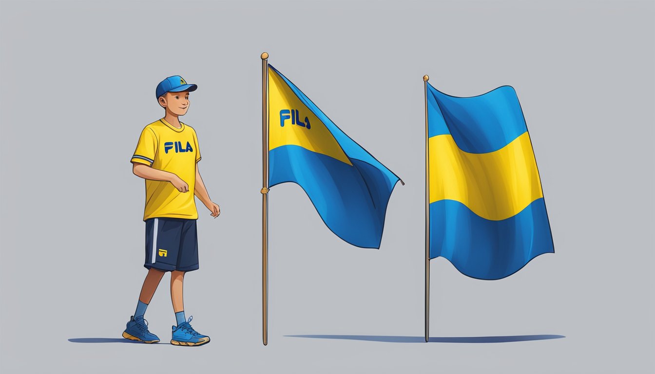 A person wearing a Fila logo t-shirt holding a flag of Ukraine