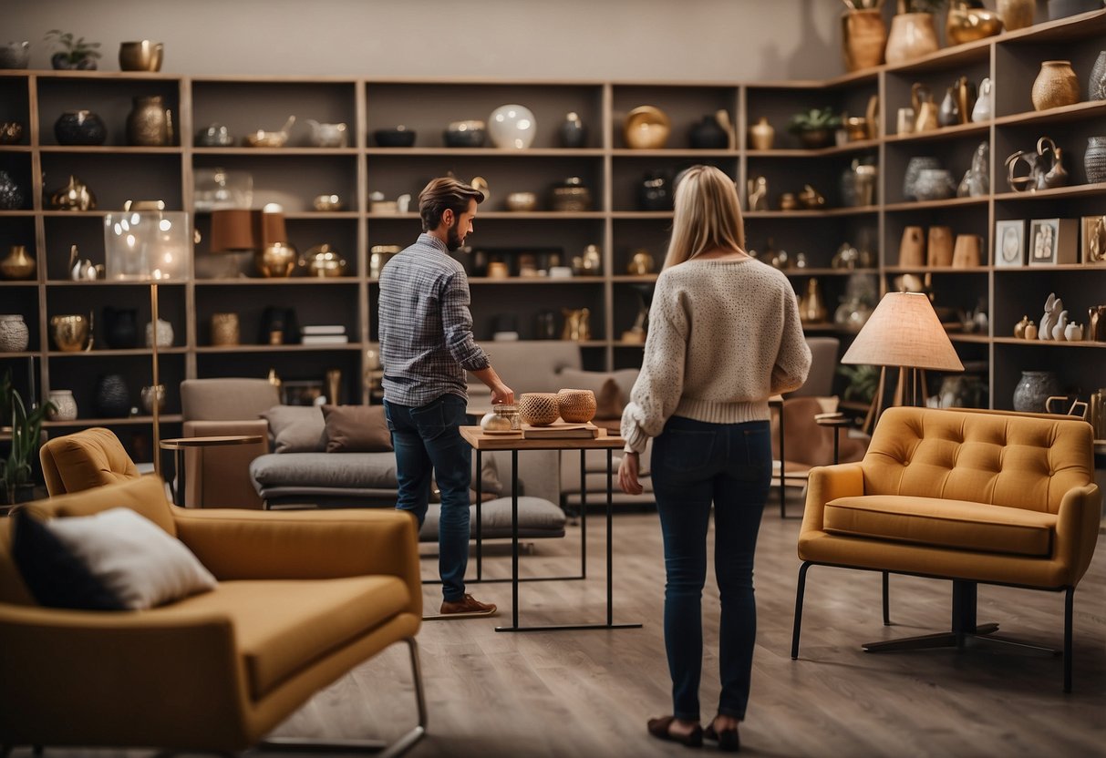 A person browsing through a variety of furniture items displayed in a store, looking for affordable options for every room in their home