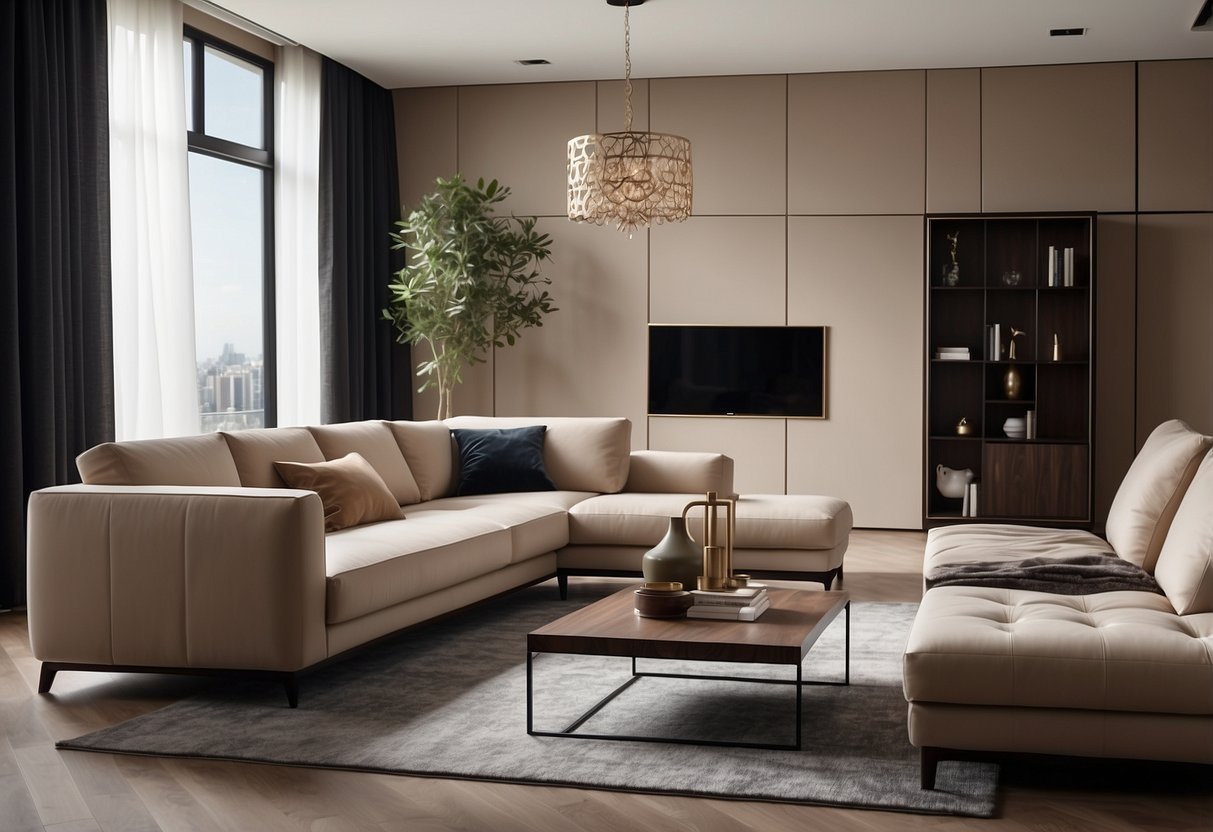 A modern living room with sleek Rossini furniture, featuring clean lines and luxurious materials, set against a backdrop of neutral tones and soft lighting