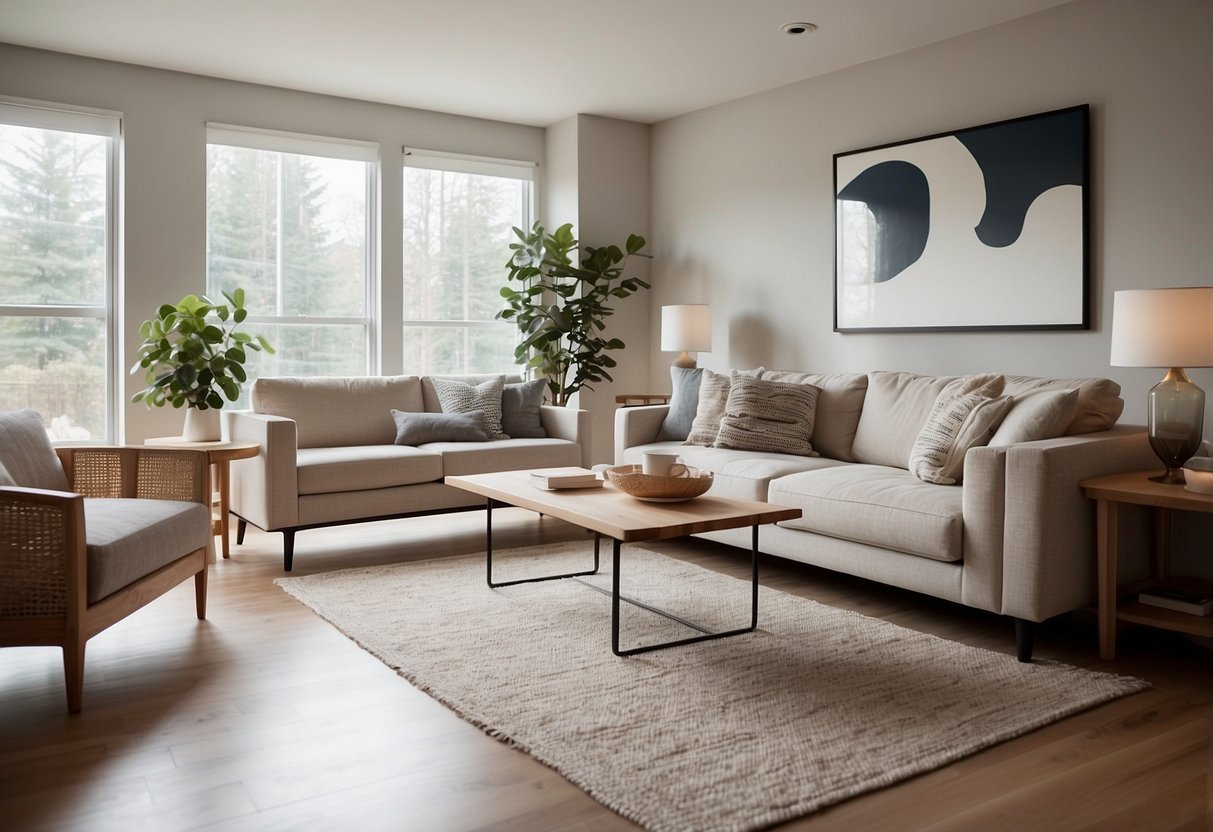 A cozy living room with minimalist furniture, clean lines, and neutral colors. A sleek sofa, a modern coffee table, and a stylish armchair create a welcoming and contemporary space