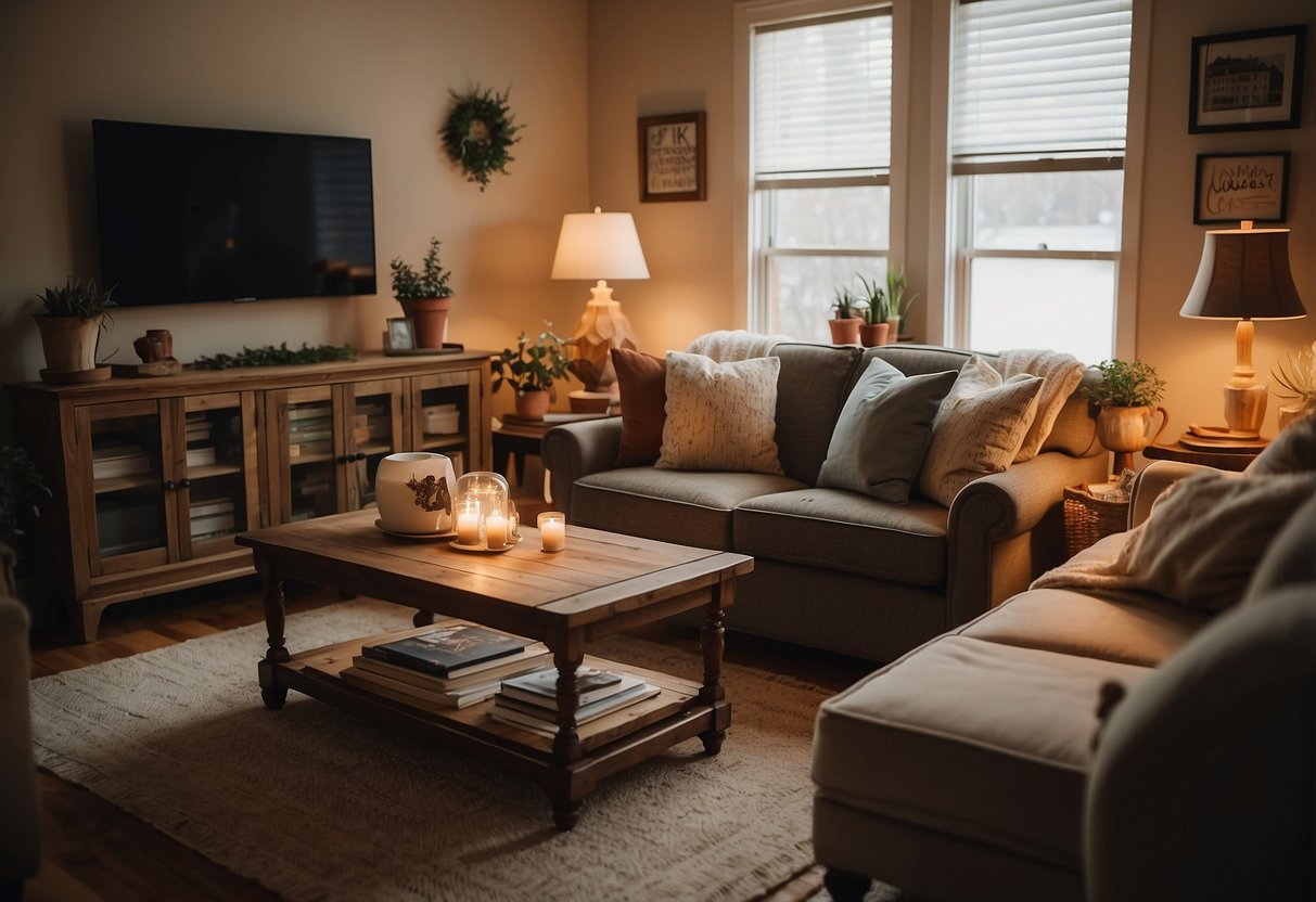 A cozy living room with mismatched furniture, thrift store finds, and DIY decor. Warm lighting and cozy textiles add charm to the space