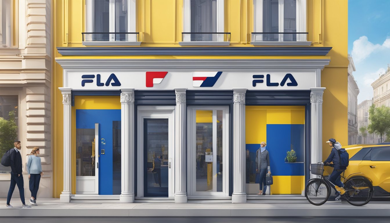 Fila's business operations in Ukraine: a Fila logo on a storefront with a Ukrainian flag flying nearby