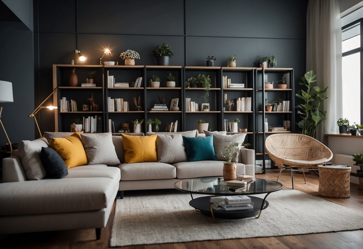 A living room with a cozy sofa, coffee table, and bookshelves. A dining room with a sleek table and chairs. A bedroom with a comfortable bed and nightstands. A home office with a spacious desk and ergonomic chair