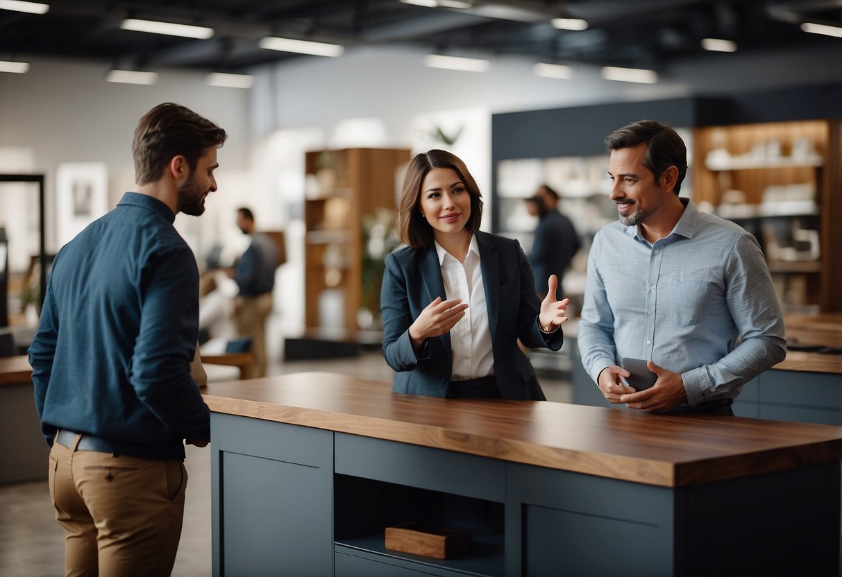Customers browse through a showroom of modern and classic furniture. A staff member assists a customer with a question about a product