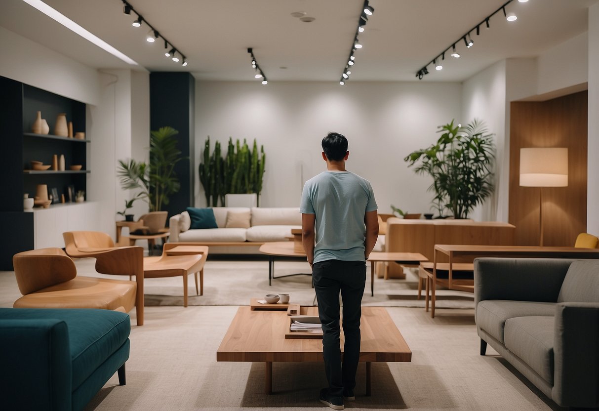 A customer browsing through minimalist furniture at Simple Furniture SG showroom