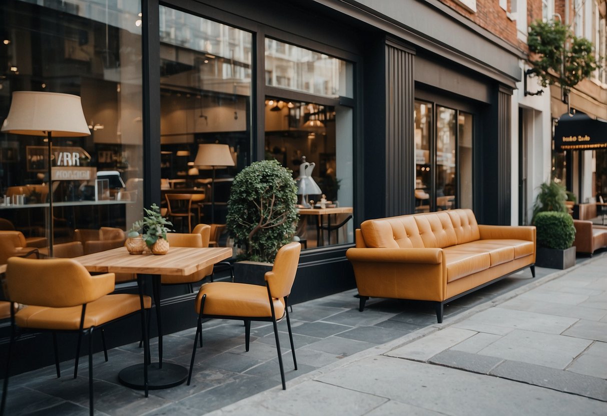 Several furniture shops stand open today, displaying their wares. Showroom windows feature sofas, tables, and chairs. Outdoor signs beckon passersby