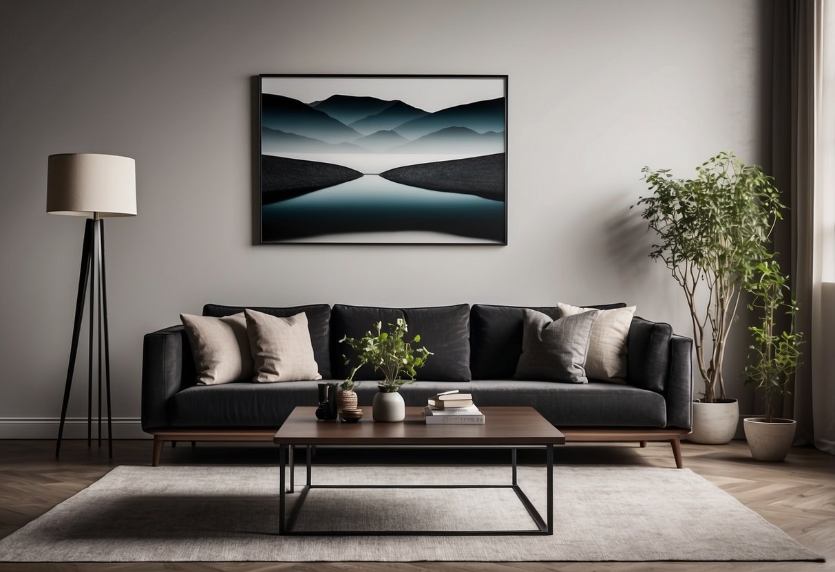 A minimalist living room with sleek furniture and clean lines. A simple sofa, coffee table, and a few decorative pieces create a modern and uncluttered space