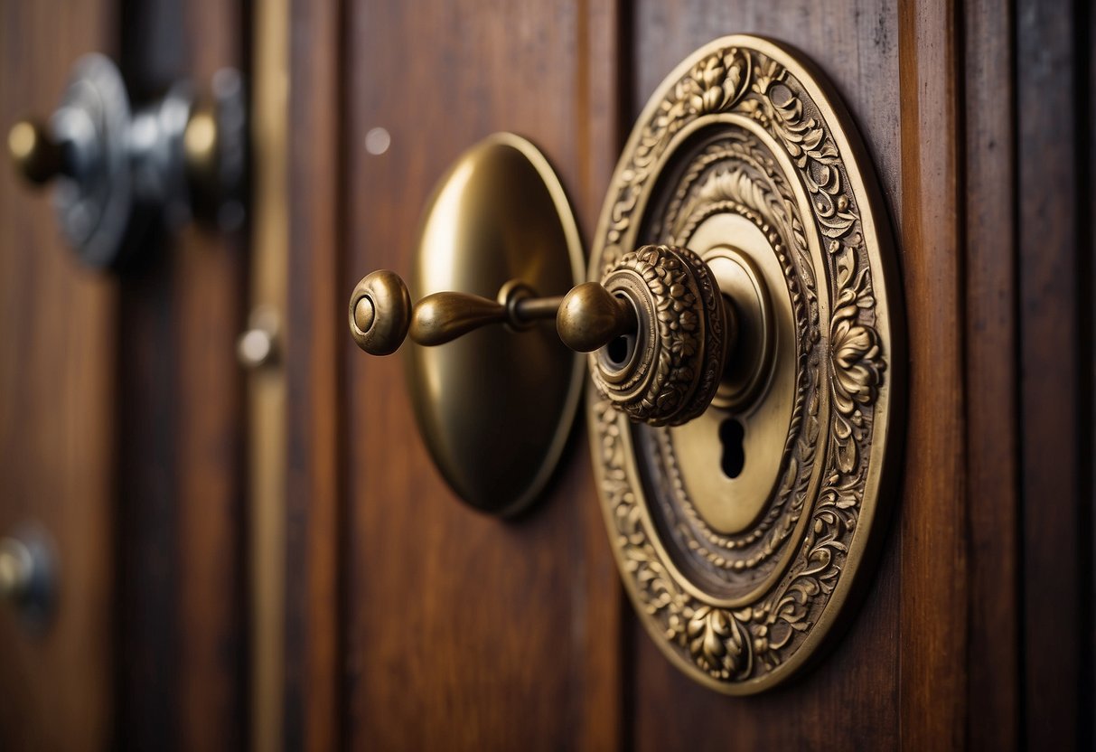 A wooden door with a brass handle and keyhole, adorned with a decorative metal knocker