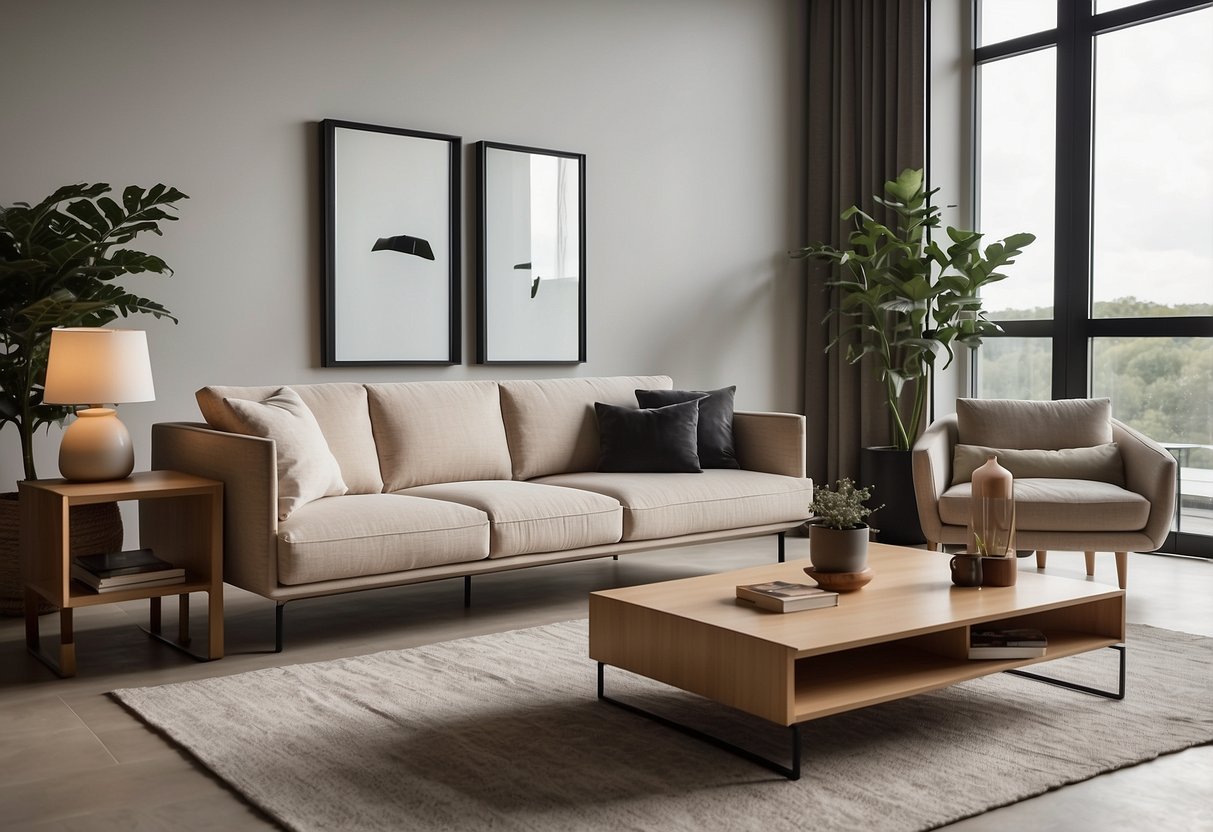 A room with minimalist furniture, including a sofa, coffee table, and bookshelf. Clean lines and neutral colors create a simple and modern aesthetic