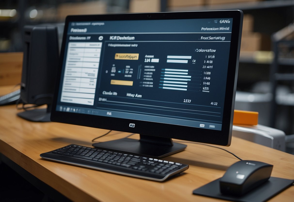 A computer screen displays furniture inventory. A barcode scanner sits on the counter. The software interface shows product details and sales data