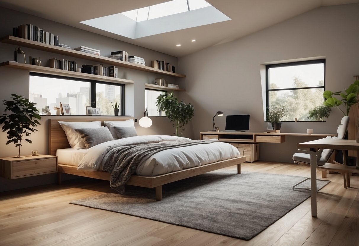 A simple room with a low-profile bed, sleek wooden desk, and a few geometric shelves. Clean lines and neutral colors dominate the space