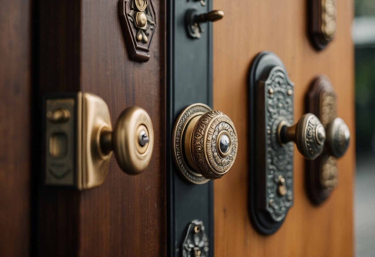 A variety of door furniture, including knobs, handles, and locks, displayed on a table for exploration