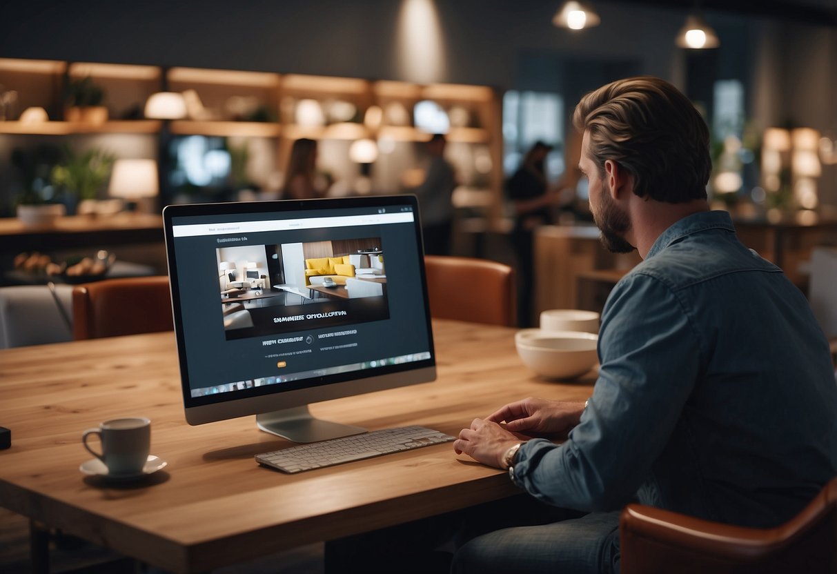 Customers browsing through a variety of furniture items online, with a FAQ section visible on the screen