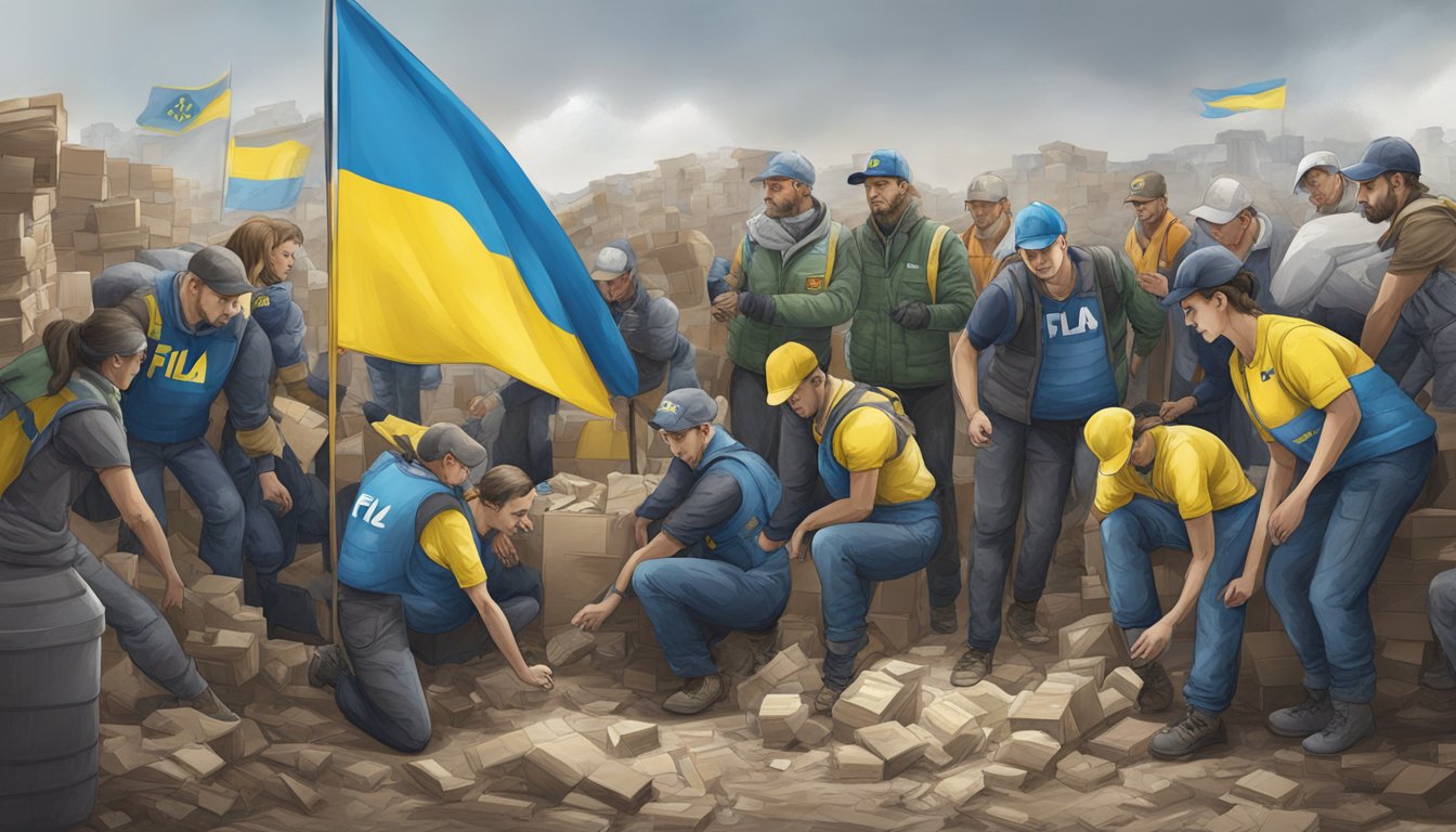 A group of people working together to provide aid for Ukraine, with Fila's logo prominently displayed in support