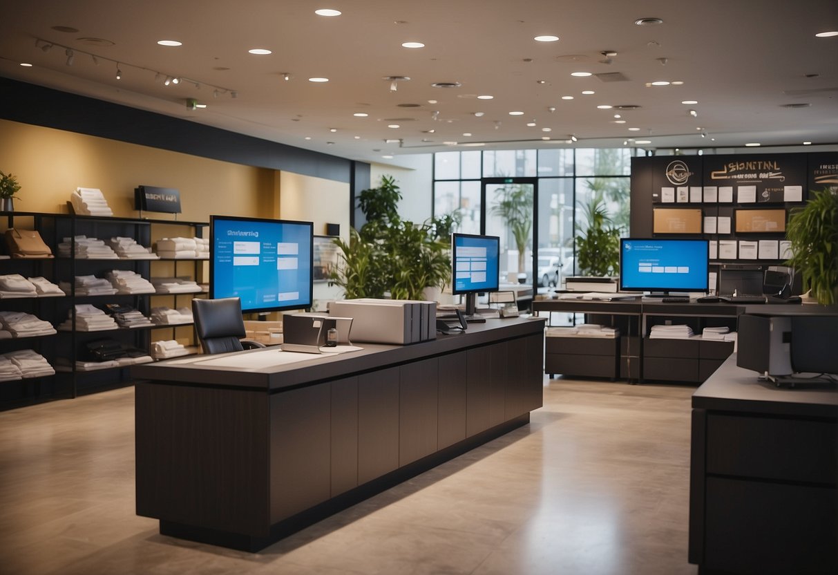 The furniture store software displays a user-friendly interface with inventory management, sales tracking, and customer database features