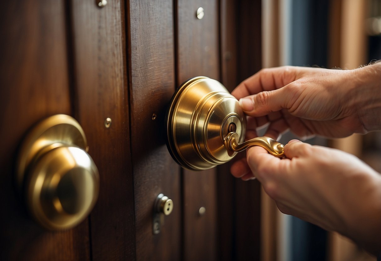 A hand reaching for a polished brass doorknob on a wooden door, surrounded by a variety of door handles and locks on a display shelf