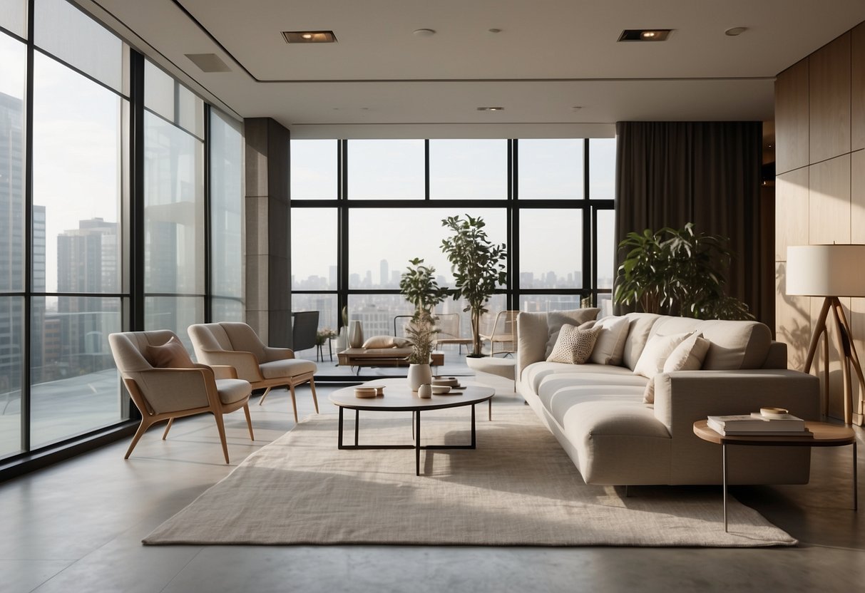A well-lit room with a clean, uncluttered design. Sleek, modern furniture in neutral tones. A focus on simple lines and functional pieces