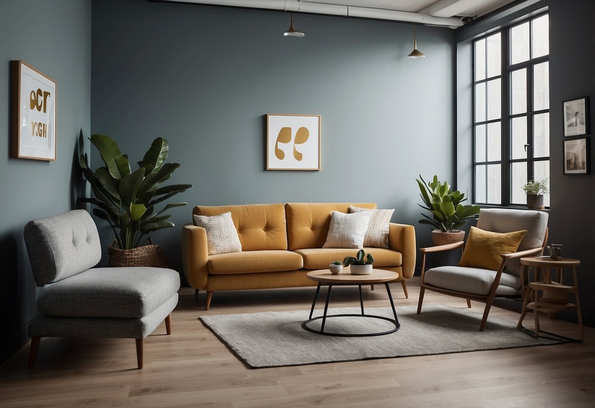 A room with simple, affordable furniture arranged neatly. A price tag and a "Frequently Asked Questions" sign are visible