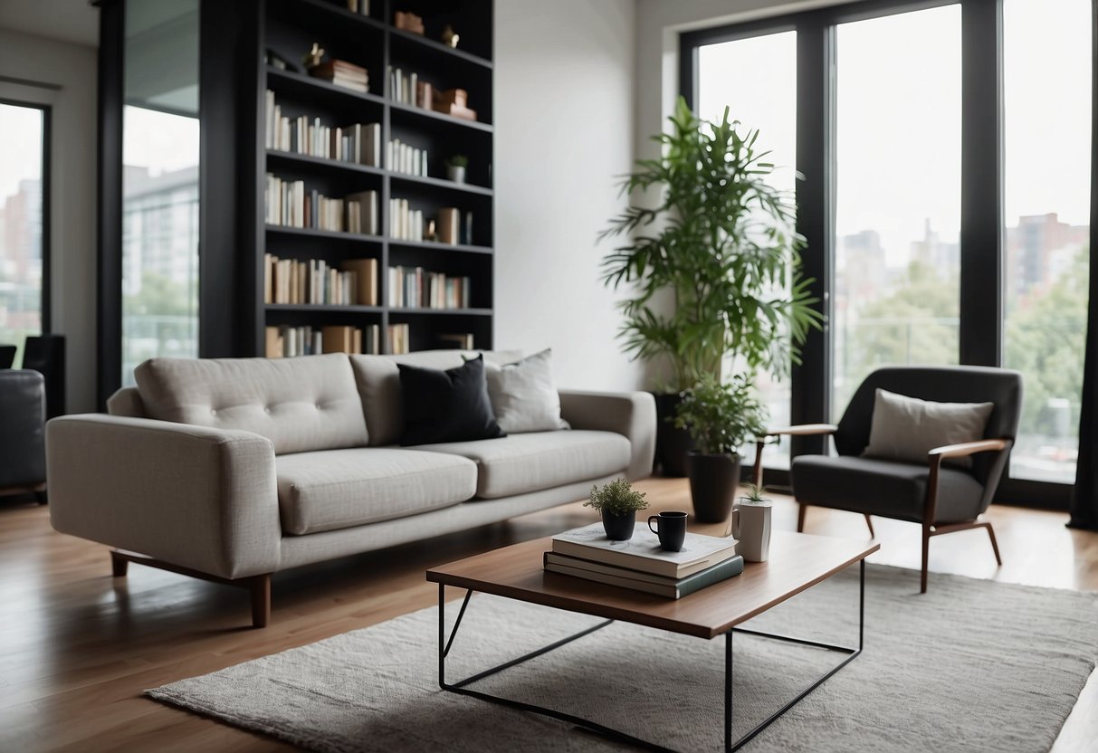 A modern, minimalist living room with sleek furniture and clean lines. A small coffee table with a stack of books and a potted plant. A large window lets in natural light