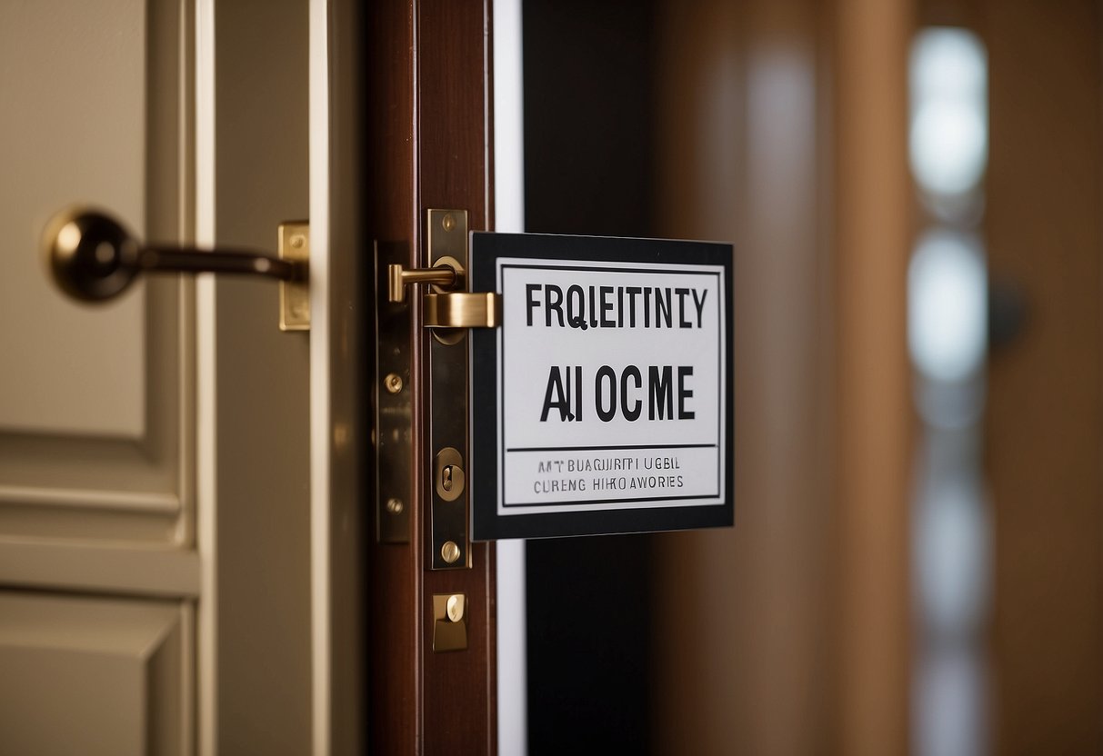 A door with various types of furniture, including knobs, handles, and locks, displayed with a "Frequently Asked Questions" sign