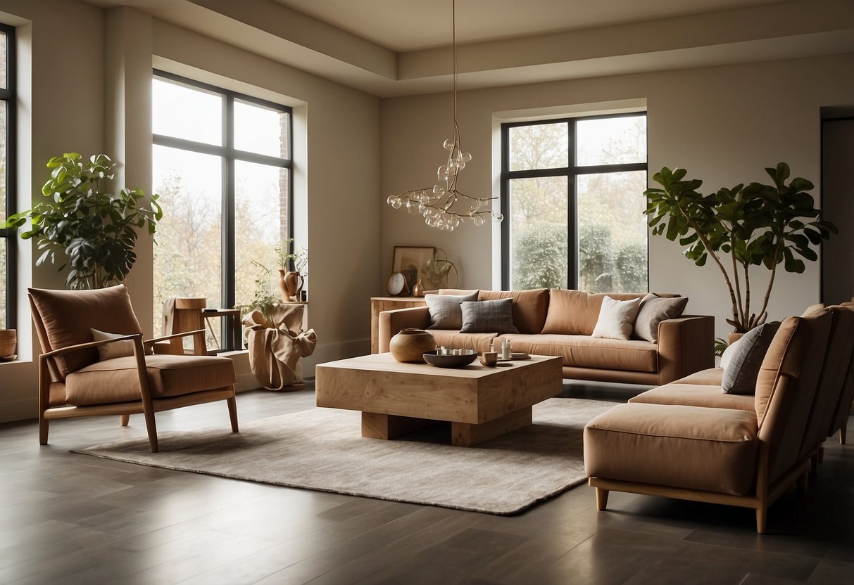 A living room with modern eco collection furniture, featuring sustainable materials and clean, minimalist design. Natural light floods the space, highlighting the earthy tones and organic textures of the furniture pieces