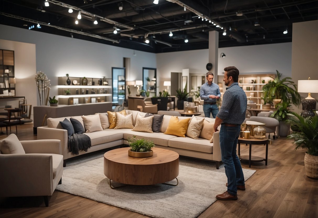 Customers browse through furniture displays, admiring the variety of styles and options. Bright lighting highlights the showroom's inviting ambiance