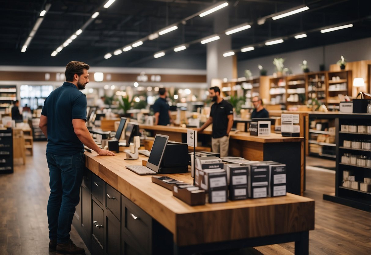 A busy furniture store with customers browsing, shelves stocked with products, and a cashier assisting at the counter