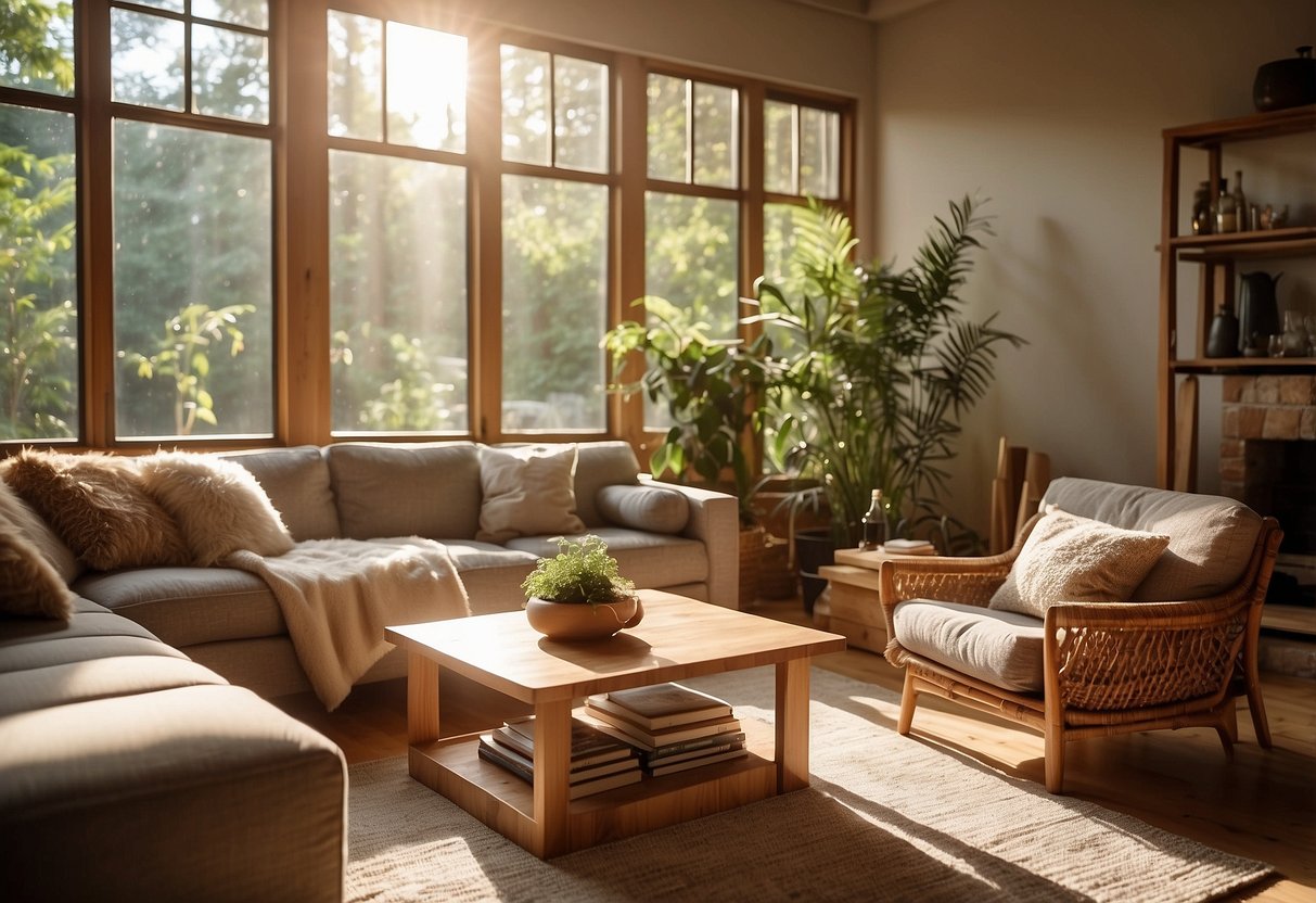 A cozy living room with eco-friendly furniture, featuring a sustainable wooden coffee table, a recycled fabric sofa, and a bamboo bookshelf. Sunlight streams in through large windows, illuminating the natural materials and earthy color palette