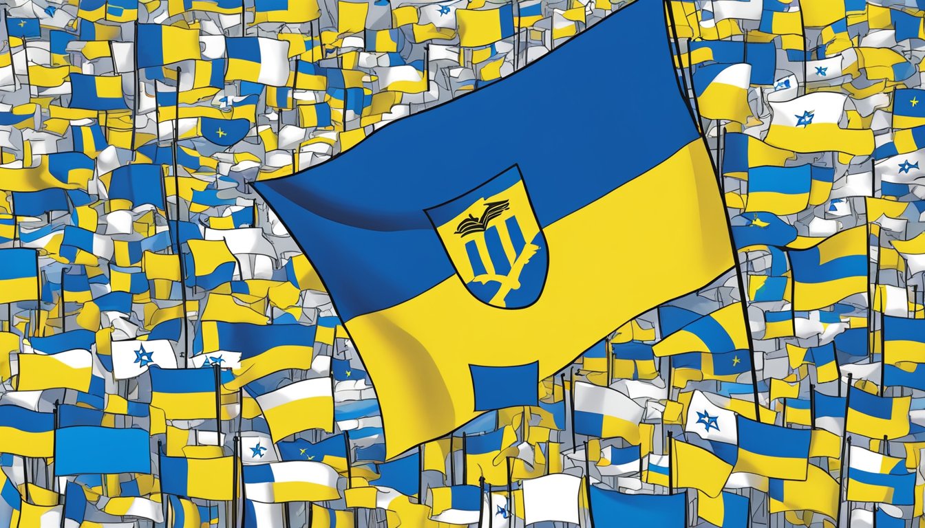 Mizuno's Support for Ukraine: A flag of Ukraine displayed with Mizuno products, surrounded by messages of solidarity and support