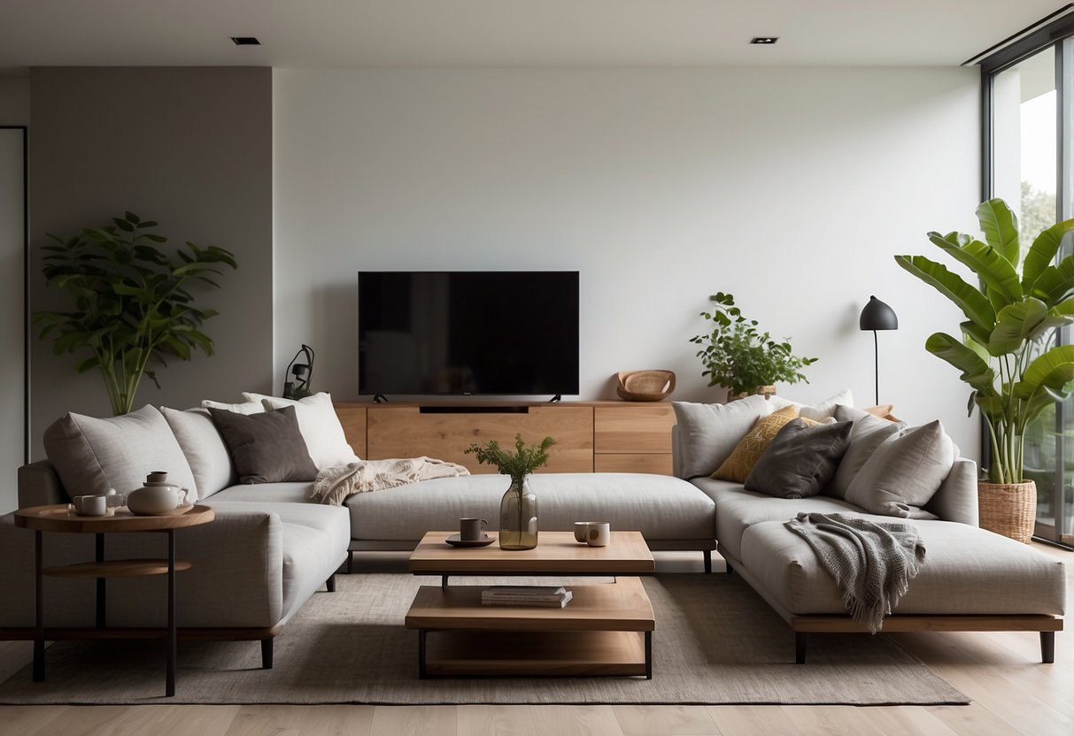 A modern living room with eco collection furniture, including sustainable materials and clean, minimalist design. Renewable wood, recycled fabrics, and energy-efficient lighting are prominent features