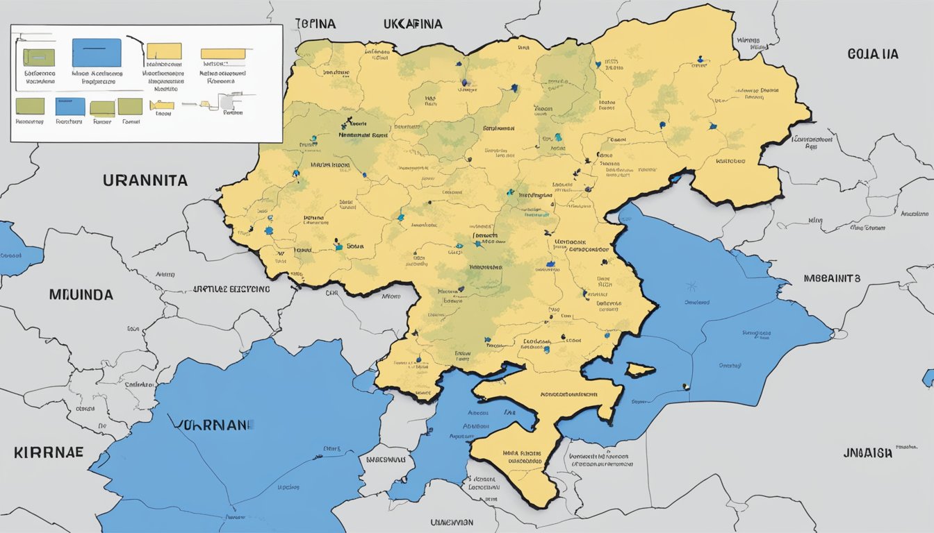 Mizuno's role in Ukraine conflict: A map of Ukraine with a spotlight on Mizuno's influence, surrounded by conflicting factions