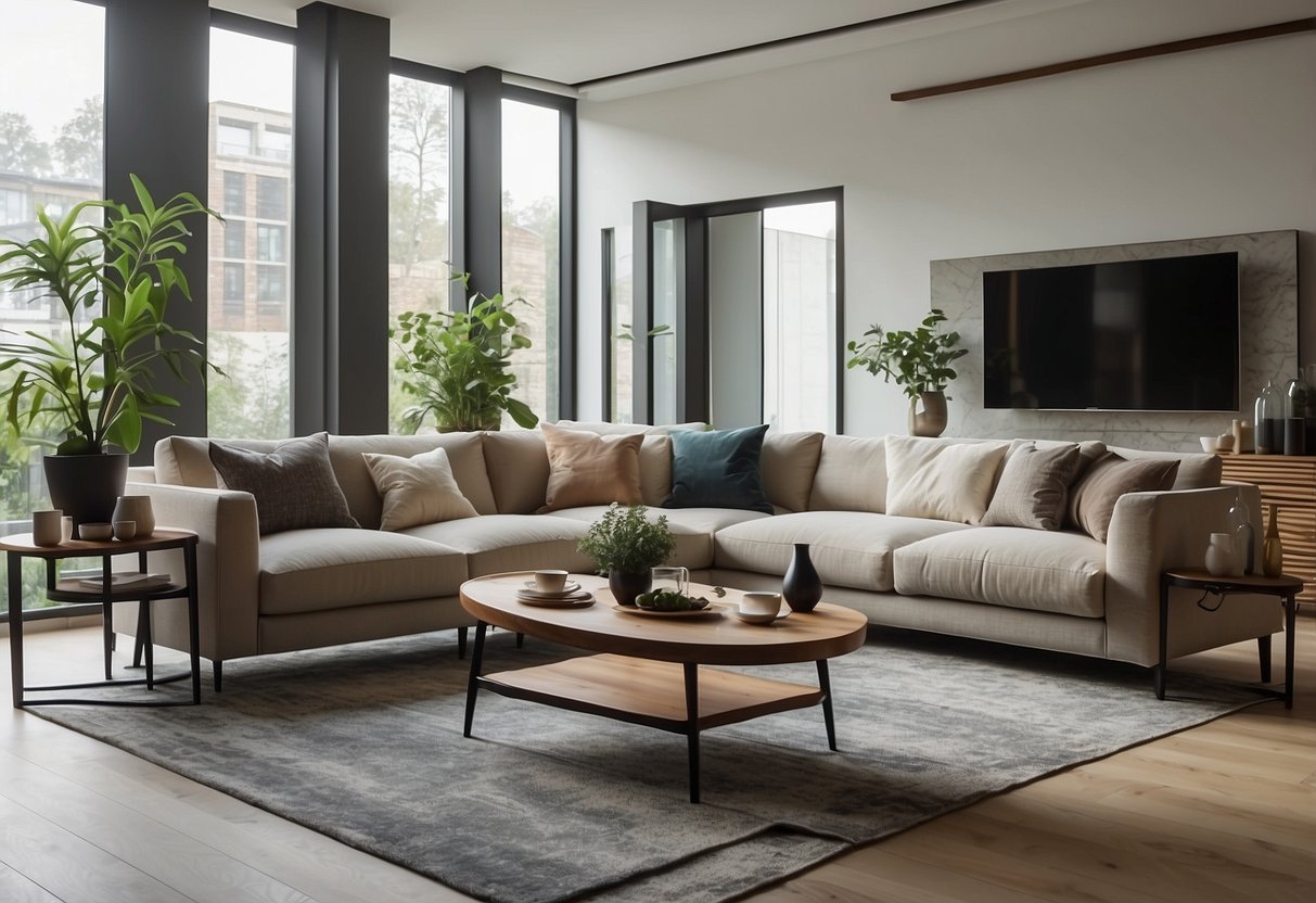 A modern living room with eco collection furniture, featuring sleek designs and sustainable materials