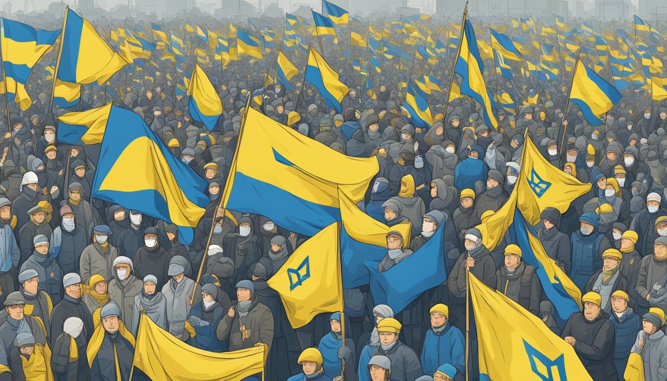 Public protests, signs, and social media posts show strong support for Ukraine. Political figures debate Mizuno's stance on the issue