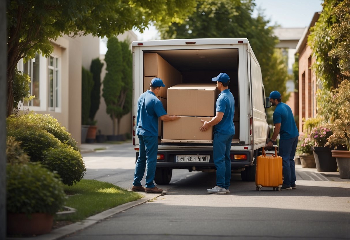 A delivery truck unloads furniture at a doorstep. Two workers carry a sofa and a table, while another assembles a chair